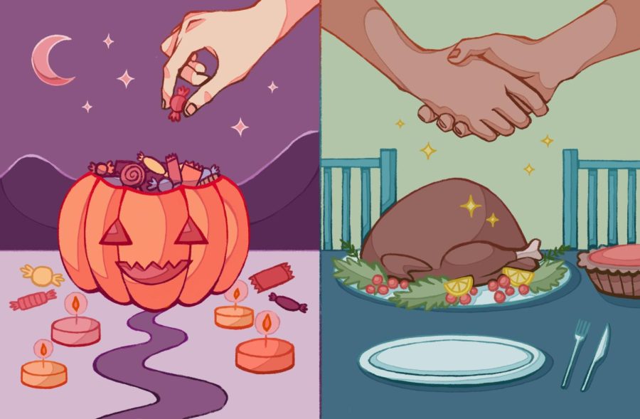 An illustration of the Halloween and Thanksgiving holidays. Aquila reporters Margaret Cartee and Angelina Burrows debate which holiday reigns superior. 