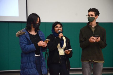Writers Advocate club officers Sarah Mohammed (12), Felix Chen (10) and Sydney Ling (11) announce their Scholastic Writing workshop, which took place after school on Friday. Using a Google form, students sent in work they hoped to submit to the contest. 