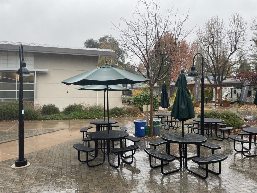 Rain pours on the lunch tables in front of the journalism room Thursday evening. Heavy rains continued this weekend as a storm hit much of the Bay Area. 