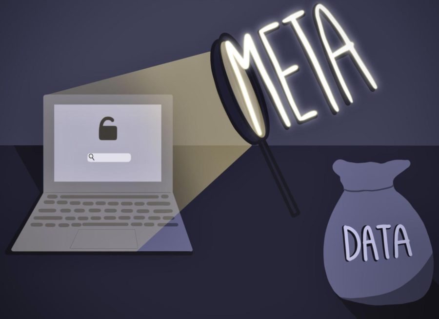 An illustration of Meta, the largest social media corporation in the world, and its advertising and data collection practices. From discriminatory personalized ads to illegally acquiring children’s data, Meta’s business model has suffered intense scrutiny. 