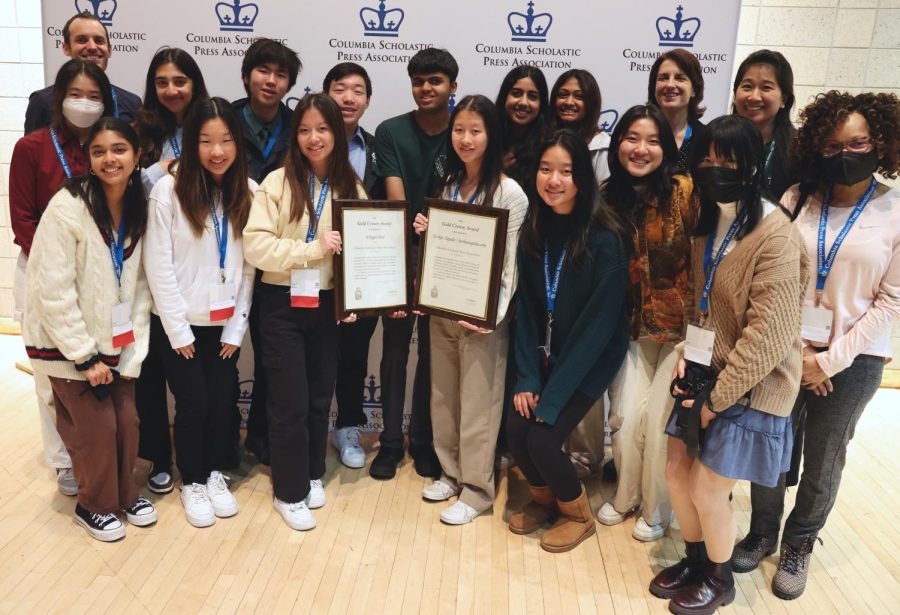 Harker journalism poses with the Gold Crown plaques at the Columbia Scholastic Press Association (CSPA) Spring Convention in New York City today. Harker Aquila and the Winged Post received Gold Crown awards for overall excellence. 