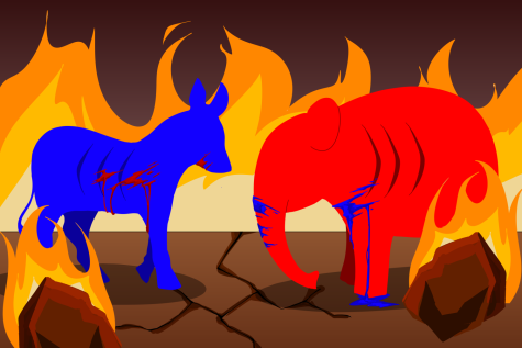 An illustration depicting the damage the two party system does to democracy. More than a quarter of Americans view both parties negatively, bringing into question whether constituent views are truly being heard on the political stage.