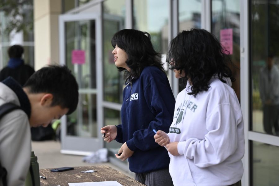 Student Diversity Coalition (SDC) leaders Iris Fu (11) and Fern Biswas (10) facilitate sign-ins for attendees of Challenge Day in front of the Zhang Gym the morning of March 3. “[Challenge Day] is such an important event because — I’ll talk from my own personal experience — I felt so bonded to the community after [Challenge Day],” Iris said.
