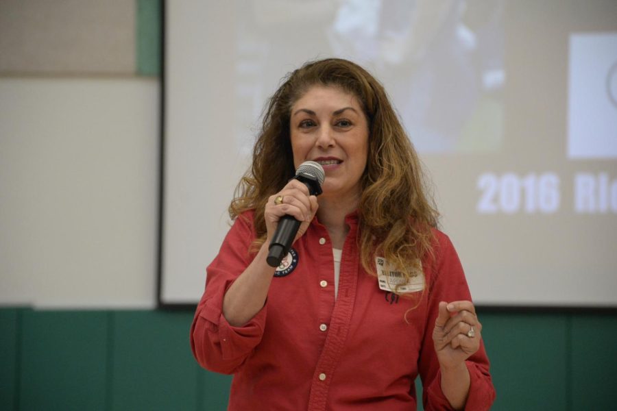 Guest speaker Afsoon Roshanzamir Johnston, world medalist and pioneer in women’s wrestling in the United States, speaks at the school meeting. Johnston spoke about the story of her life and journey as a woman wrestler. 