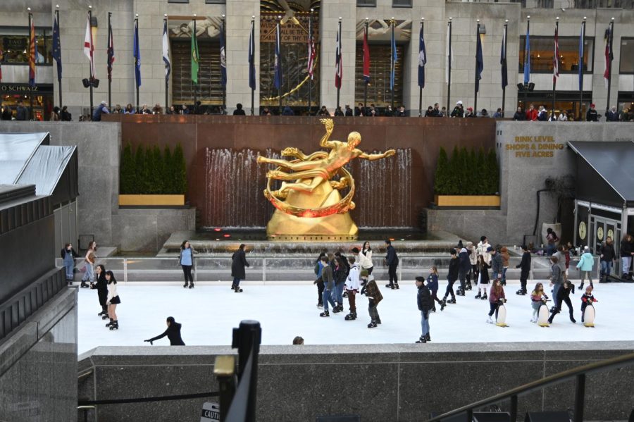 Rockefeller Center visitors skate across the ice in The Rink. Situated at the center of the entertainment complex, numerous festivities take place at the rink throughout the year, including the iconic Christmas tree lighting each year in late November, which marks the beginning of the winter season when the rink is busiest. 