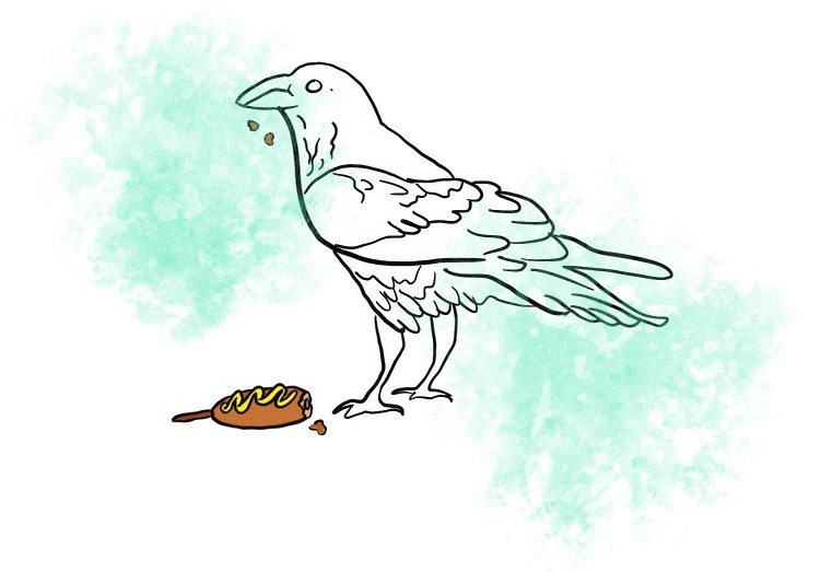 Illustration for the A crow eats a corn dog piece in this installment of Life’s Tiny Treasures.  I realize that I have been staring at the crow and its corn dog for the past several minutes, but for some reason, the view outside doesn’t seem so gray anymore.  