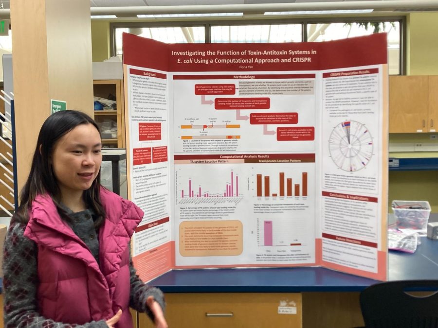 Fiona Yan (11) practices presenting her research project at the mock science fair, which was organized by the Research Club on March 6. Fairs were held virtually from 2020 to 2022 due to the pandemic but have since switched back to in-person.