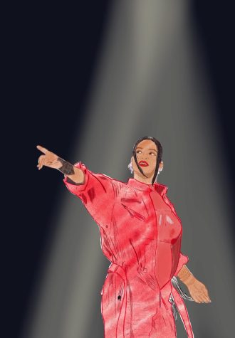 An illustration depicting Rihannas half-time performance during Super Bowl LVII on Feb. 12. Her jumpsuit revealed her pregnancy, with a baby bump visible through the layers of red.  