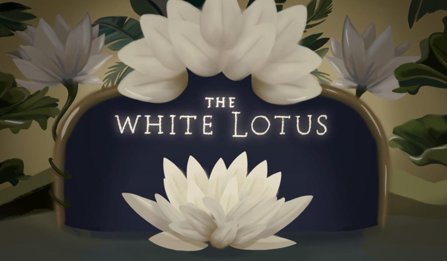An illustration of the title card for the first season of White Lotus. The first season premiered on July 11, 2021 and immerses viewers into the opulent lives of wealthy, upper class vacationers and the hardworking, underpaid hotel staff who cater to their every whim.
