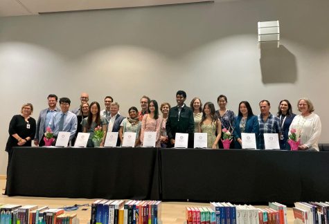 John Near and Mitra Family Scholars stand in front of Chen Lin Mentors for a photo after the Scholar Grant Reception on April 25. During the event, five Near and four Mitra scholars shared their research experiences over the past year, with topics ranging from racial injustice in Manilatown to Peru’s “gastronomic revolution.”
