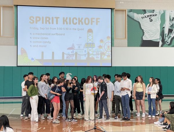 Harker Spirit Leadership Team (HSLT) announces the annual Spirit Kickoff during school meeting on Aug. 28 in the Zhang Gymnasium. The Spirit Kickoff took place on Friday in the Quad from 3:30 to 5:30 p.m.