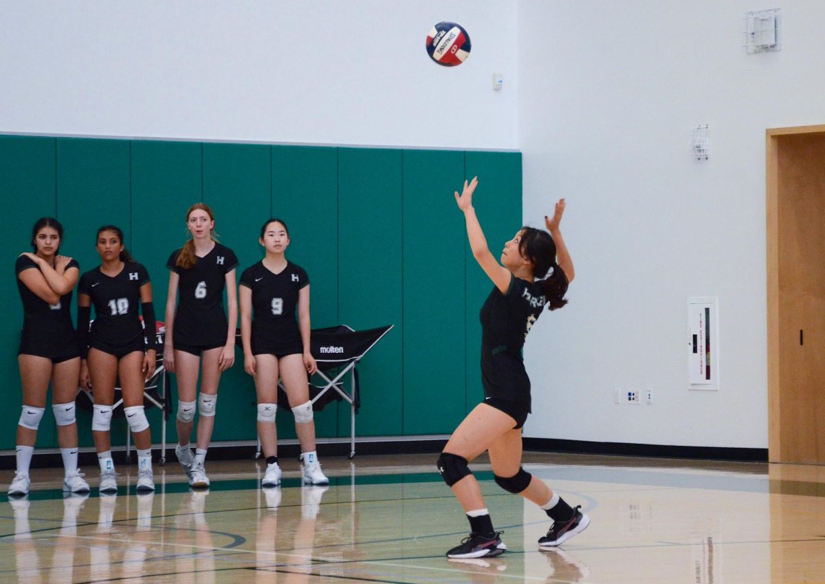 Alison Yang (11) prepares to serve the ball in the junior varsity volleyball game versus Castilleja. The team won in two sets.