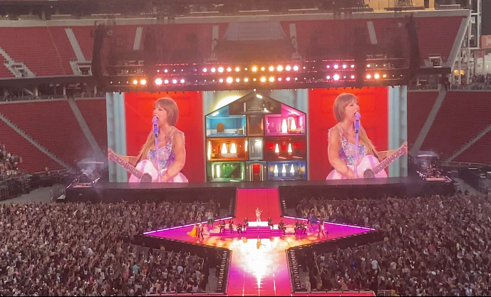 Swift serenades the crowd during Lover. Every show, Swift performed surprise songs in addition to the setlist.