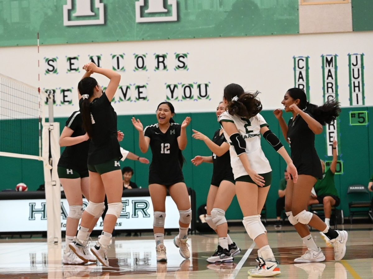 The team celebrates after a kill from outside hitter Aline Grinspan (10). Aline, who usually plays in the backrow, began hitting for the Eagles this season following injuries to outsides Navya Samuel (11) and Elie Ahluwalia (10).