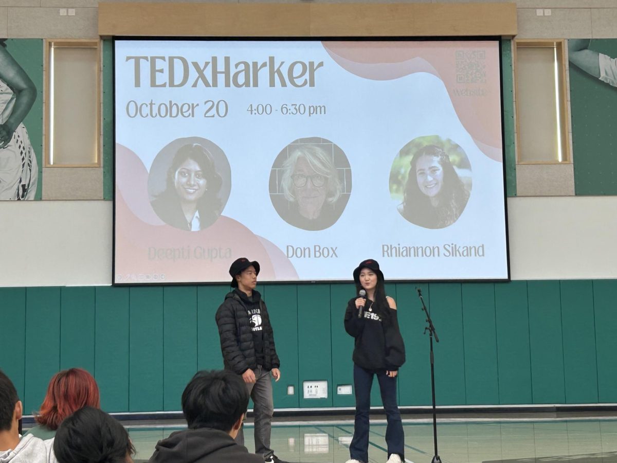TEDxHarkerSchool Curators Daniel Lin (12) and Alena Suleiman (12) reveal the speakers for TEDxHarker 2023. The event will be held from 4 to 6:30 p.m on Friday in the Rothschild Performing Arts Center (RPAC).
