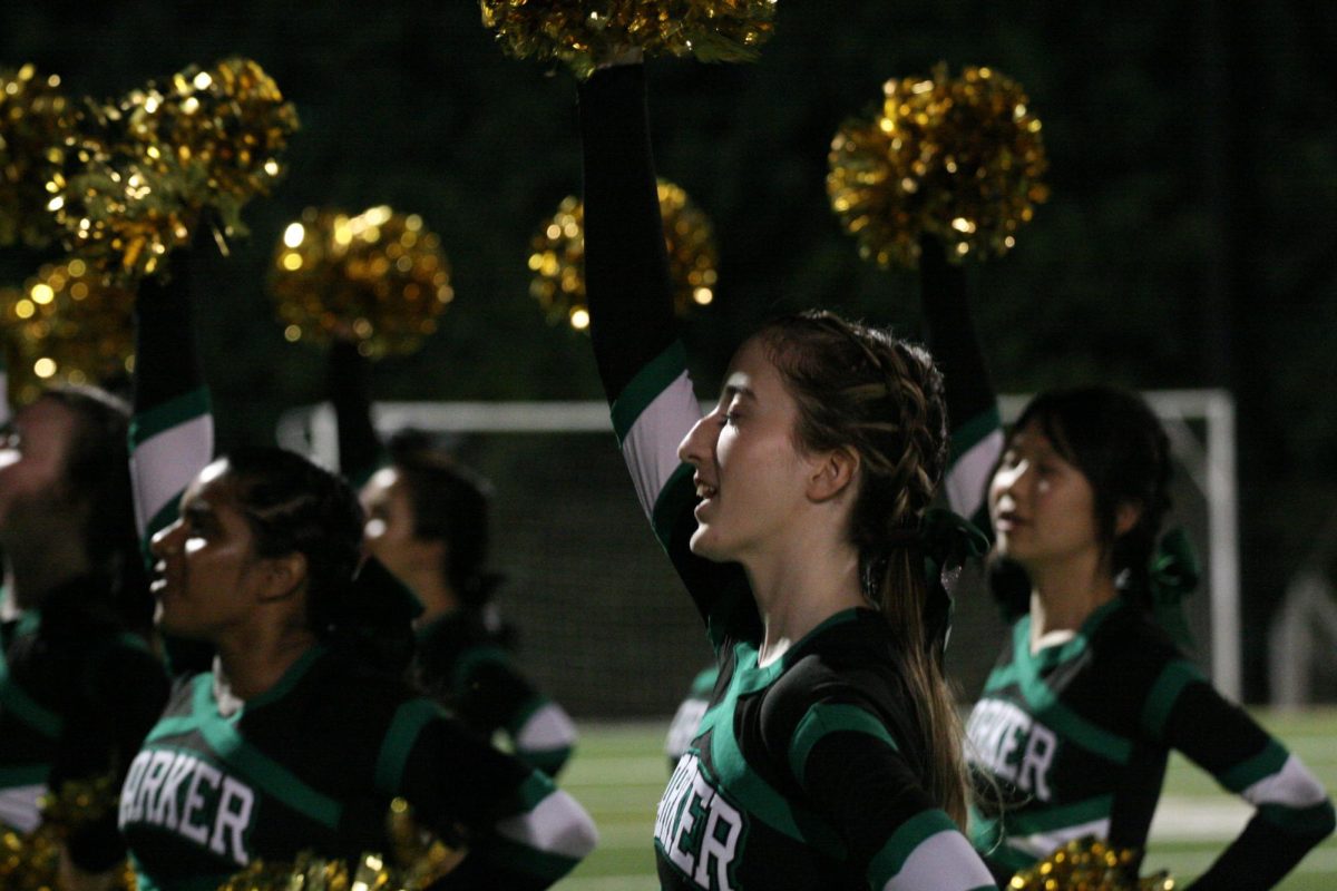 Cheer member Katherine Fields (12) raises her pom-pom. “F-I-G-H-T, Fight, Eagles, Fight,” cheerleaders shouted.  