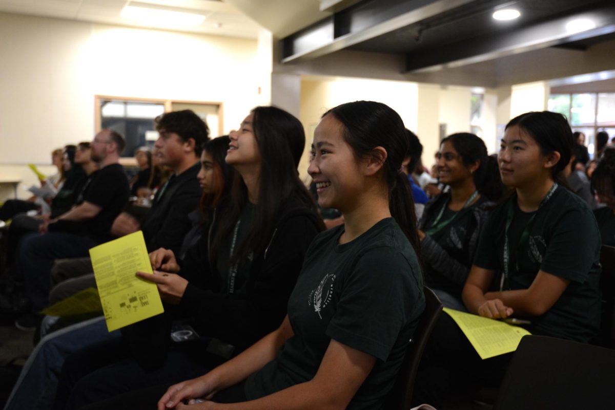 Co-Opinions Editor Isabella Lo (11) reacts to the opening trivia game at the JEA NorCal Media Day. 42 members of Harkers journalism staff along with two advisers attended the event.
