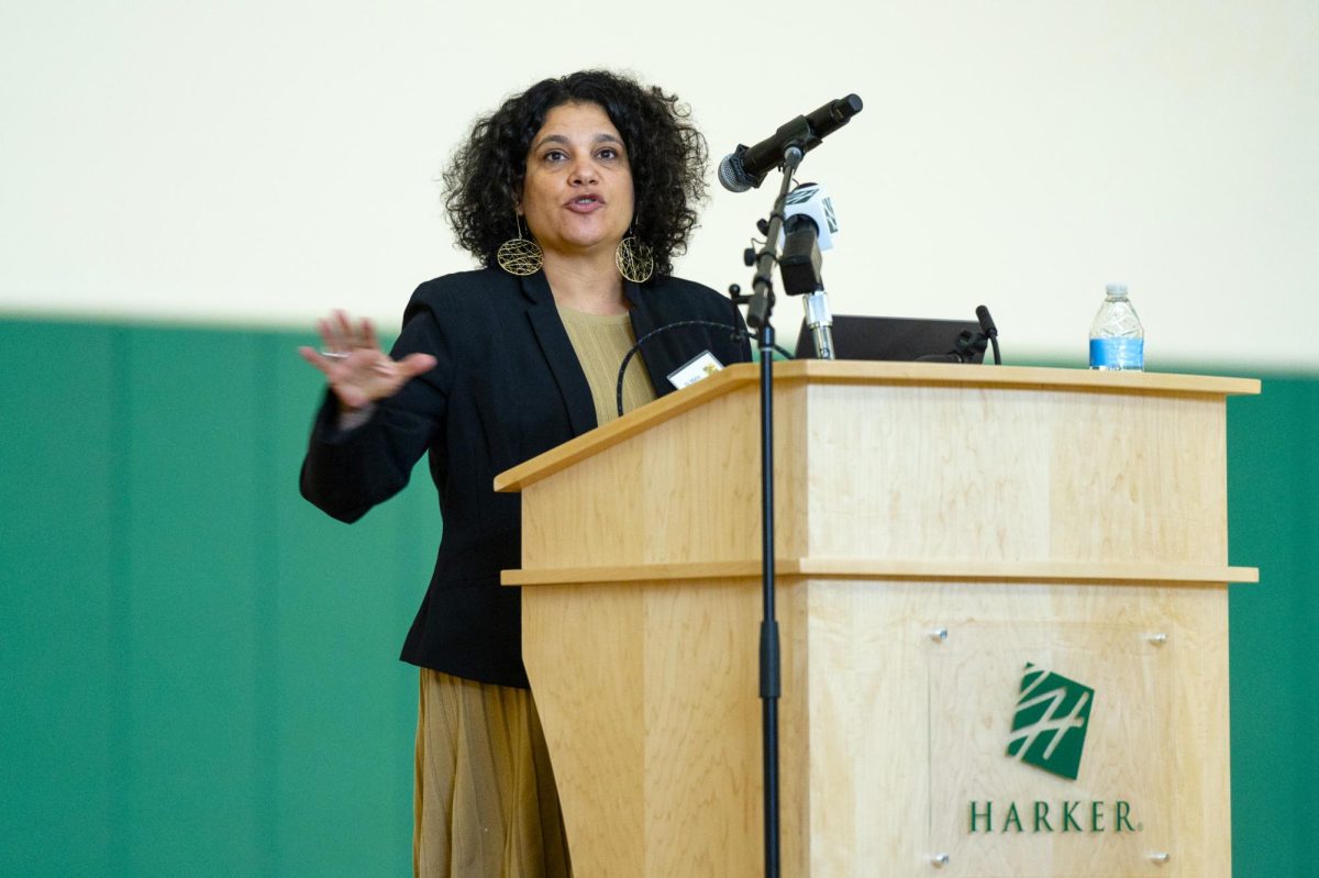 Maria Hantzopoulos speaks as the morning keynote for Harkers Social Justice Conference in the Zhang Gym on Nov. 10. Hantzopoulos spoke about her personal upbringings in Queens, New York and her experiences with students with New York City public schools to address how the community can support social justice.