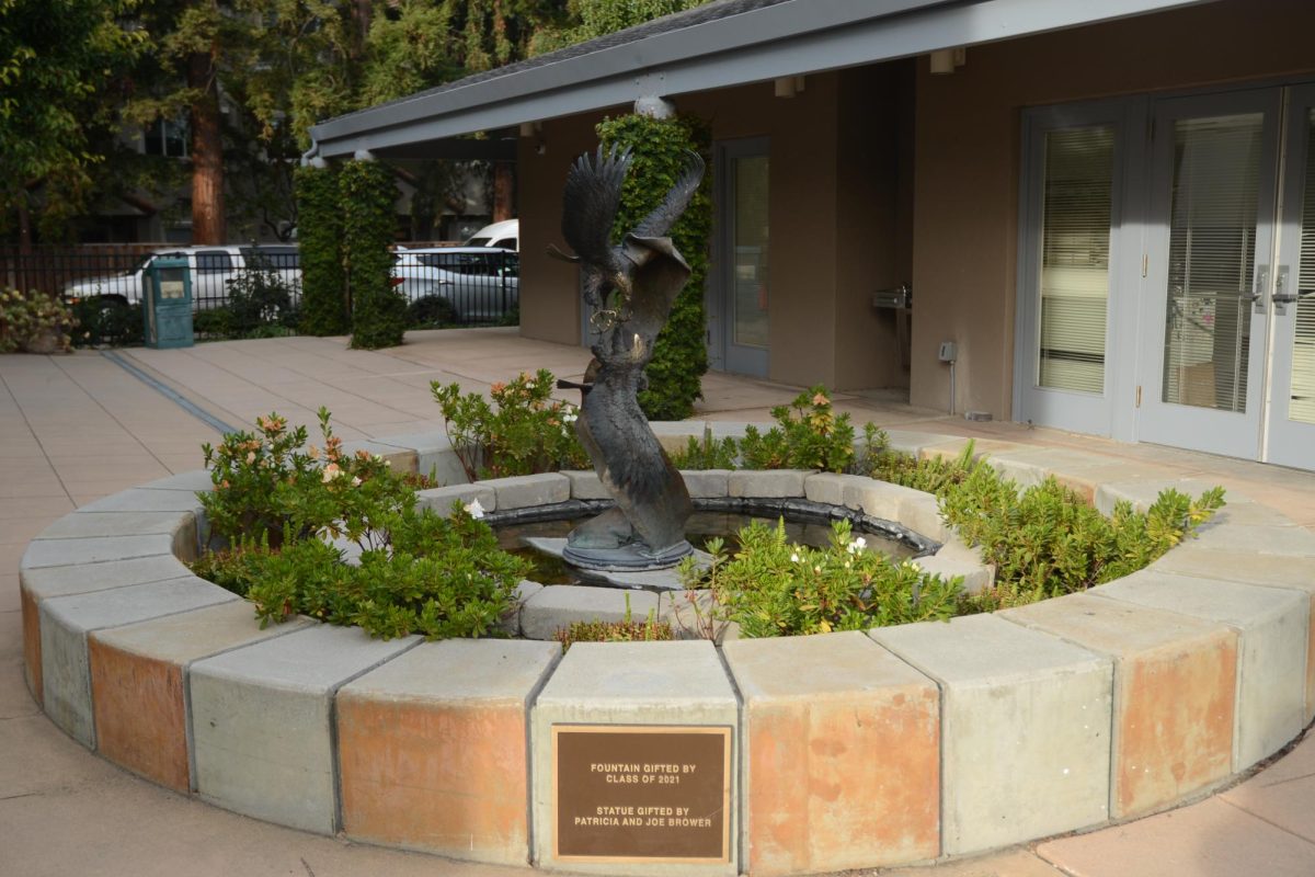 The eagle fountain next to Shah, donated by the Class of 2021.