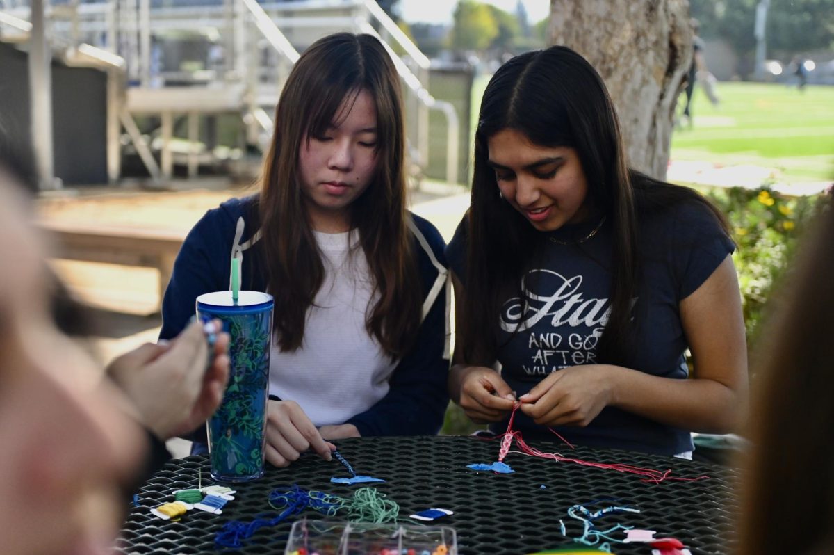 Juniors Lianna Wan and Navya Samuel create friendship bracelets together during the junior Eagle Buddies event on Nov. 2. The other three classes attended LIFE meetings .