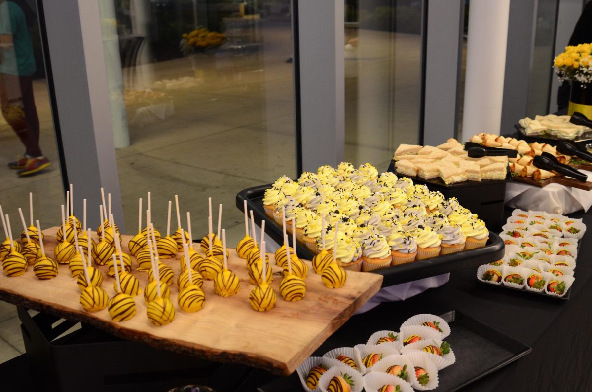 A table at the reception displays yellow and black striped cake pops, chocolate strawberries, cupcakes and other refreshments. Before Karimis talk, guests enjoyed the snacks, which evoked the bright colors of her Context Lost pieces.