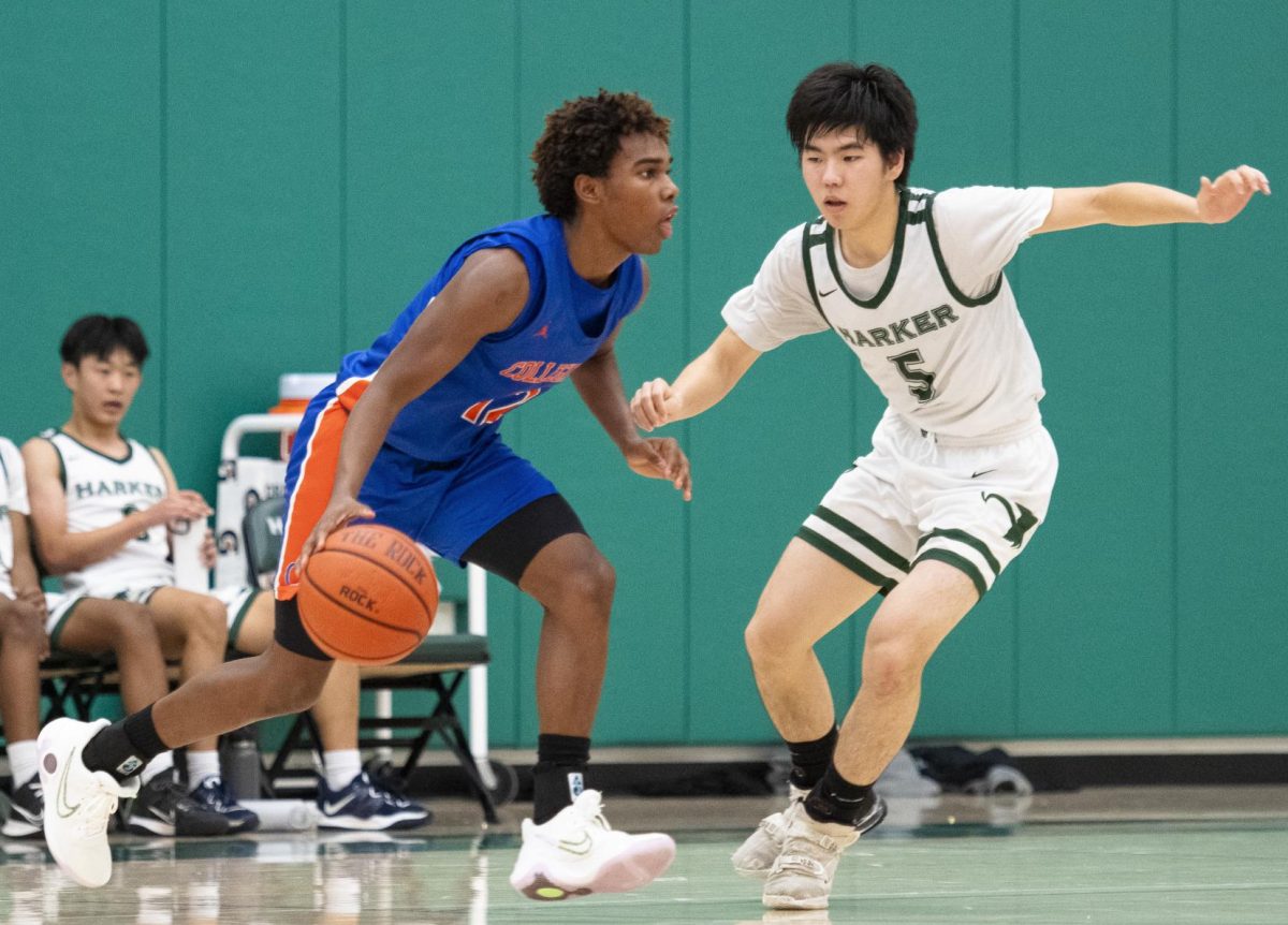 Co-captain and shooting guard Kevin Zhang (12) defends against a Dutchman. The team played the Collegiate School from Manhattan on Jan. 3.