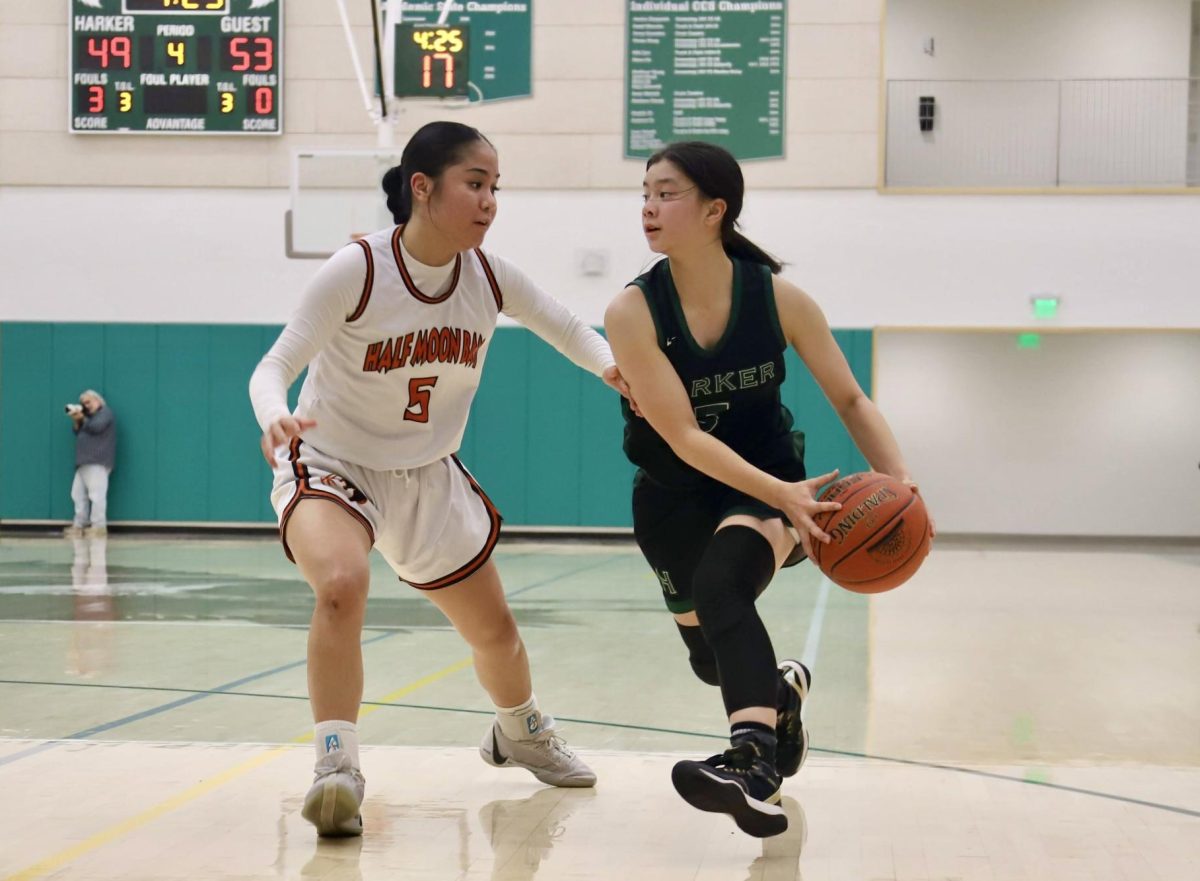 Guard Claire Yu (10) prepares to pass the ball as a Cougar defends her. Claire scored two layups back to back in the second quarter during the CCS semifinals game.
