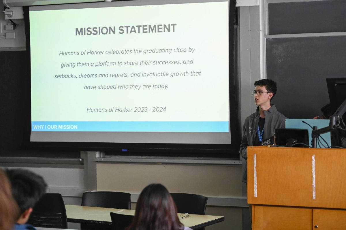 News editor Felix Chen (12) opens the Humans of [your school] presentation during the New York Columbia Scholastic Press Association convention with the mission statement of the Humans of Harker project.