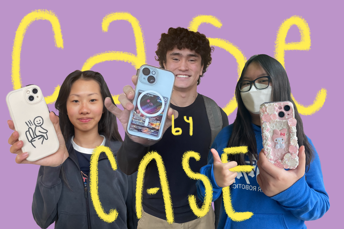 Isabelle Niu (9), Kuga Pence (12) and Anna Wang (10) pose with their phone cases. They use their phone cases to express themselves and carry memories. (Illustration by Alison Yang, Photos by Alvira Agarwal and Hannah Jeon)