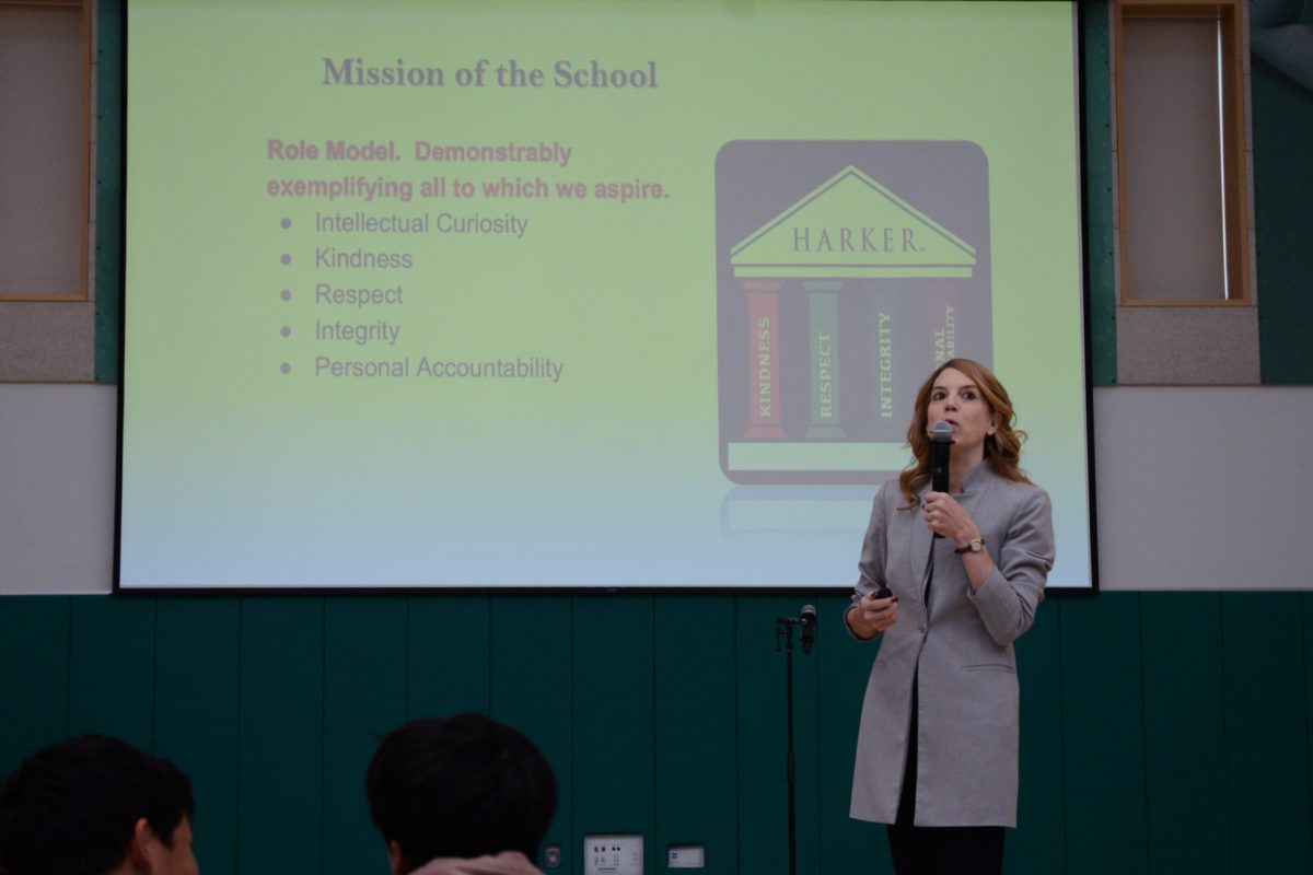 Assistant+Head+of+School+for+Academic+Affairs+Jennifer+Gargano+speaks+about+the+mission+of+the+school.+Gargano+also+mentioned+Harkers+awards%2C+where+teachers+select+students+based+on+three+categories.