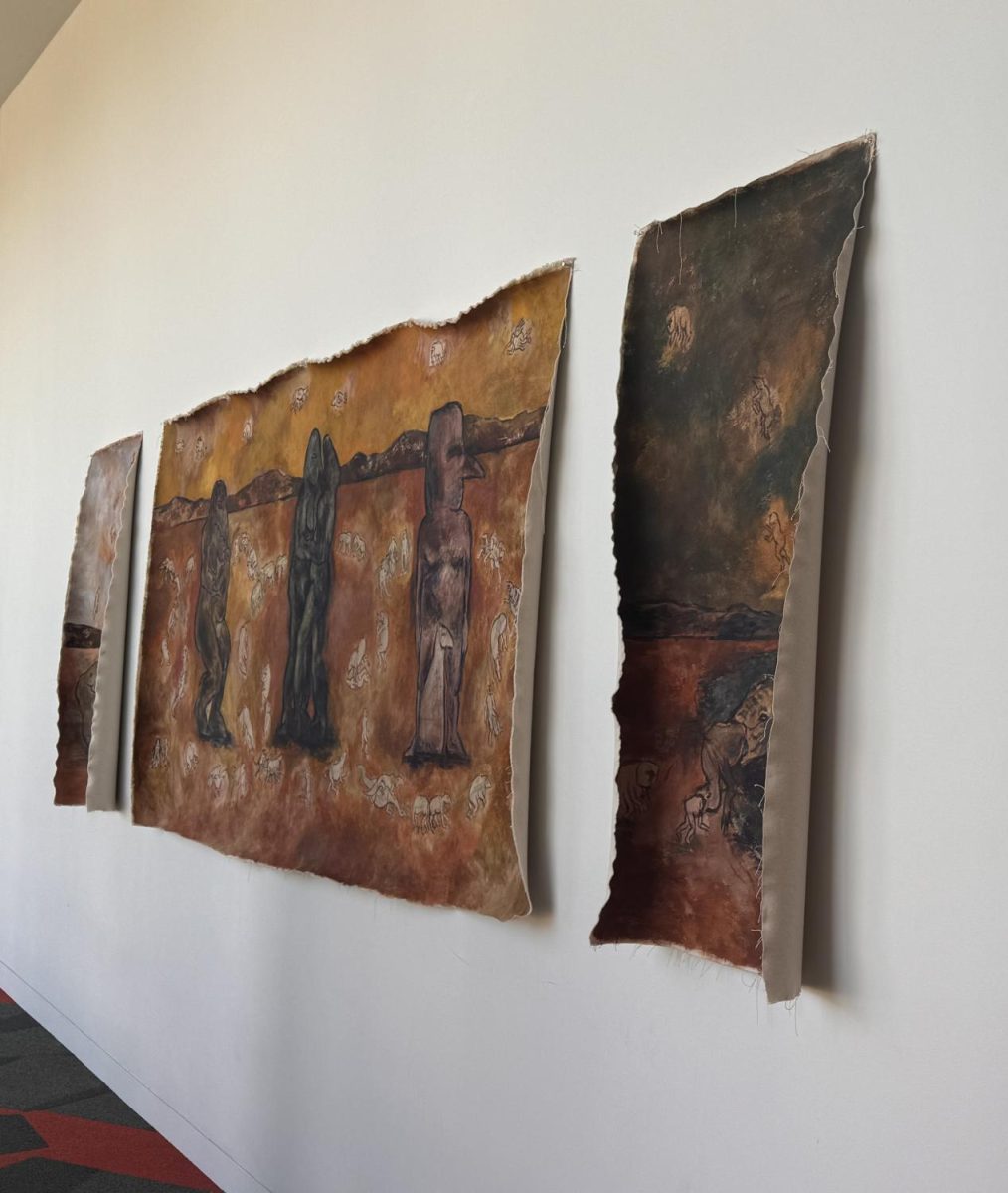 Although technically three separate paintings, the four feet by eight feet and two, four feet by two feet paintings combined to make one artwork. Julie enjoyed working on such big-scale pieces. 
