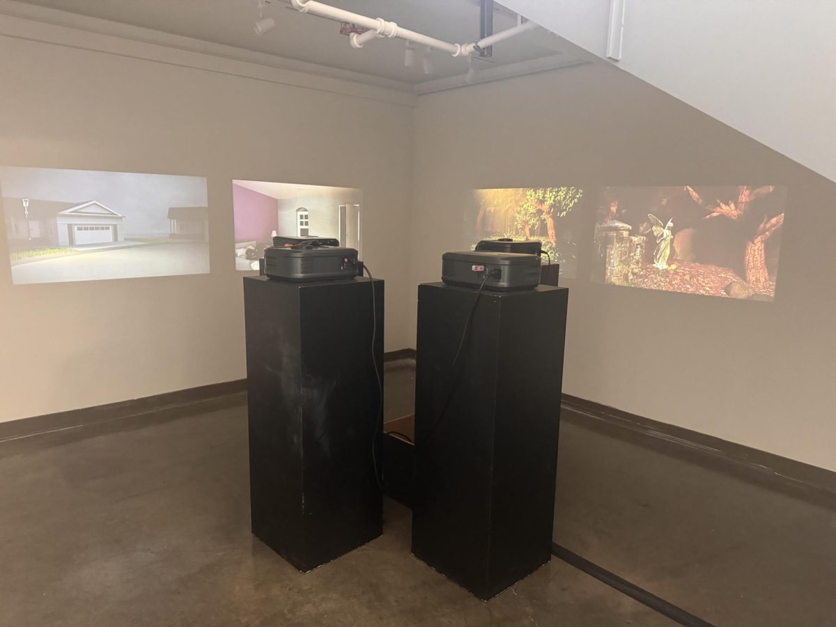 Projectors cast Sanias four liminal spaces. Although many HDP students worked with 2D mediums, Sania wanted to explore game and environmental design instead. 