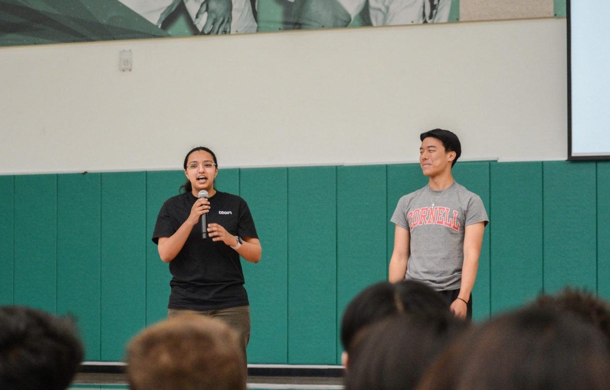 Newly-elected Associated Student Body president Sam Parupudi (11) expresses their excitement for the next school year. At the end of school meeting on May 1, previous ASB president Daniel Lin (12) handed off the role to Sam.