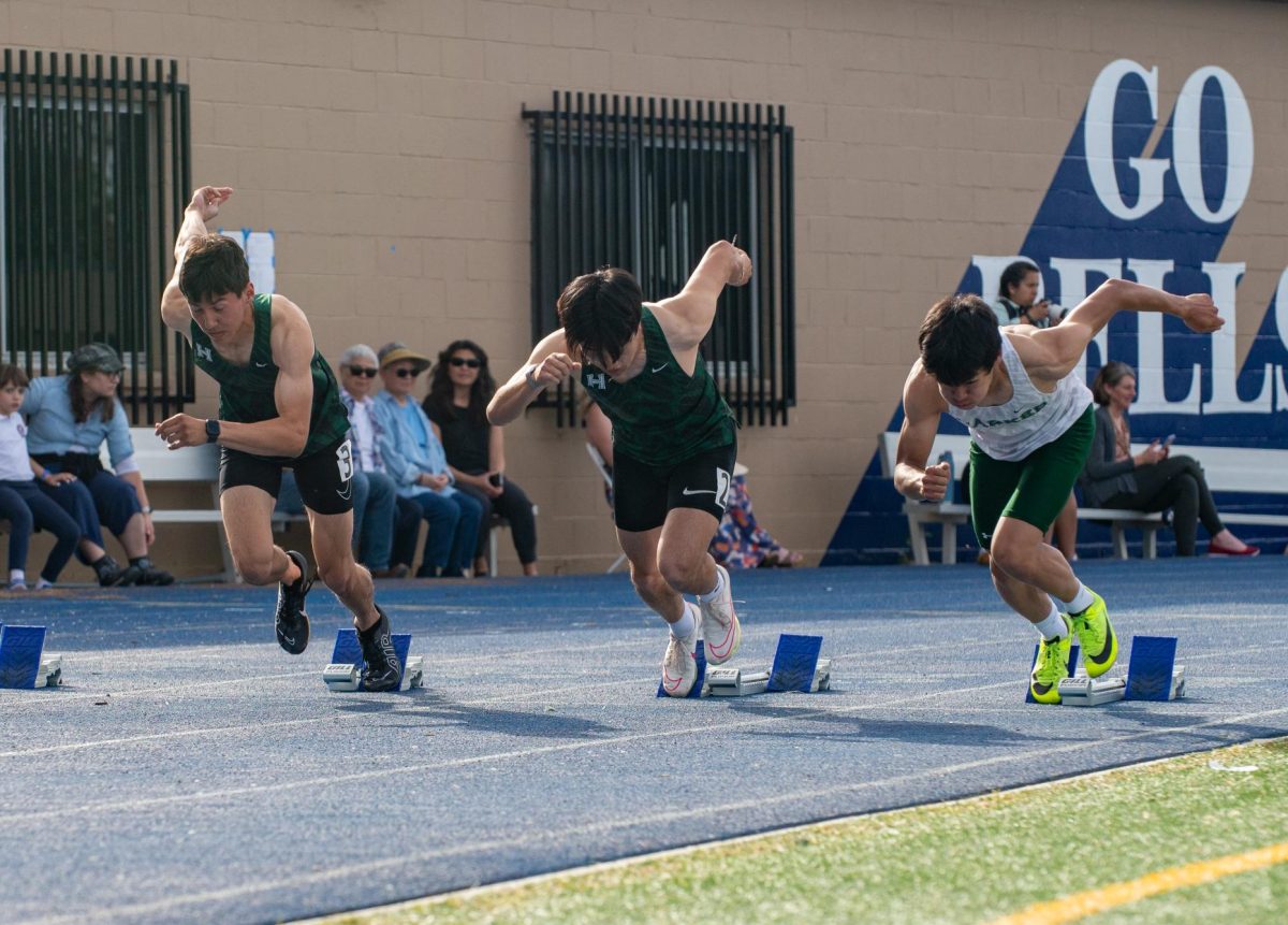 Brady Tse (10), Micheal Chang (12) and Spencer Chang (10) spring to action at the start of the mens 100 meters. Brady represented Harker on the podium, placing second with a time of 11.12 seconds.