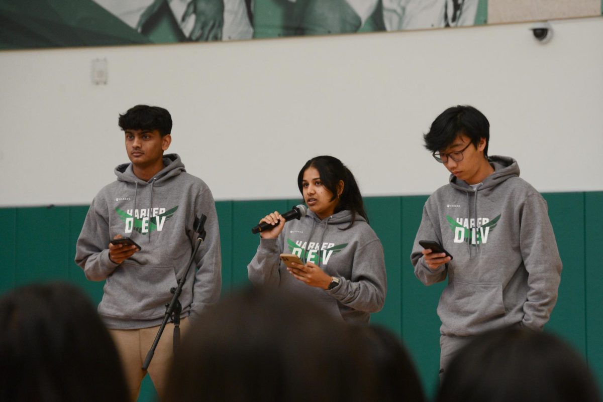 HarkerDev admins Saanvi Bhargava (12), Aarav Borthakur (12) and Nelson Gou (12) explain the functions of several of the club's apps. They walked students through multiple of their most used applications and sites, including the Bell Schedule.