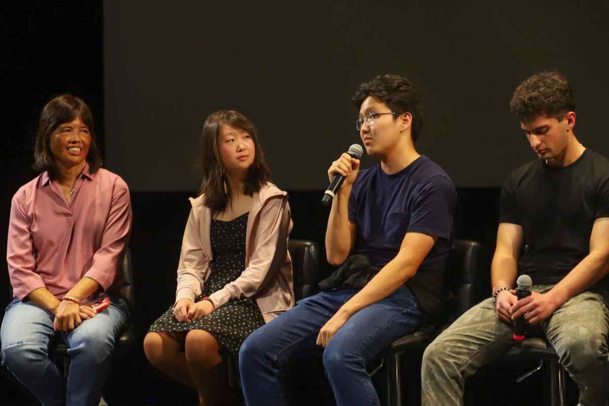 Jason Shim (12) speaks during the inaugural Conservatory Kick-off panel and is joined by Iris Cai (12), Luke Mehta (’24) and Maria Gong. The panelists shared their experiences in the Conservatory program and offered advice to the students and parents. 