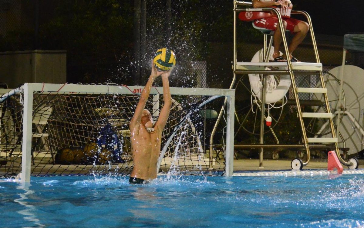 Luka Degoricija (10) leaps out of the water to make a save. With Luka's leading the defense, Harker only conceded one goal in the second quarter.