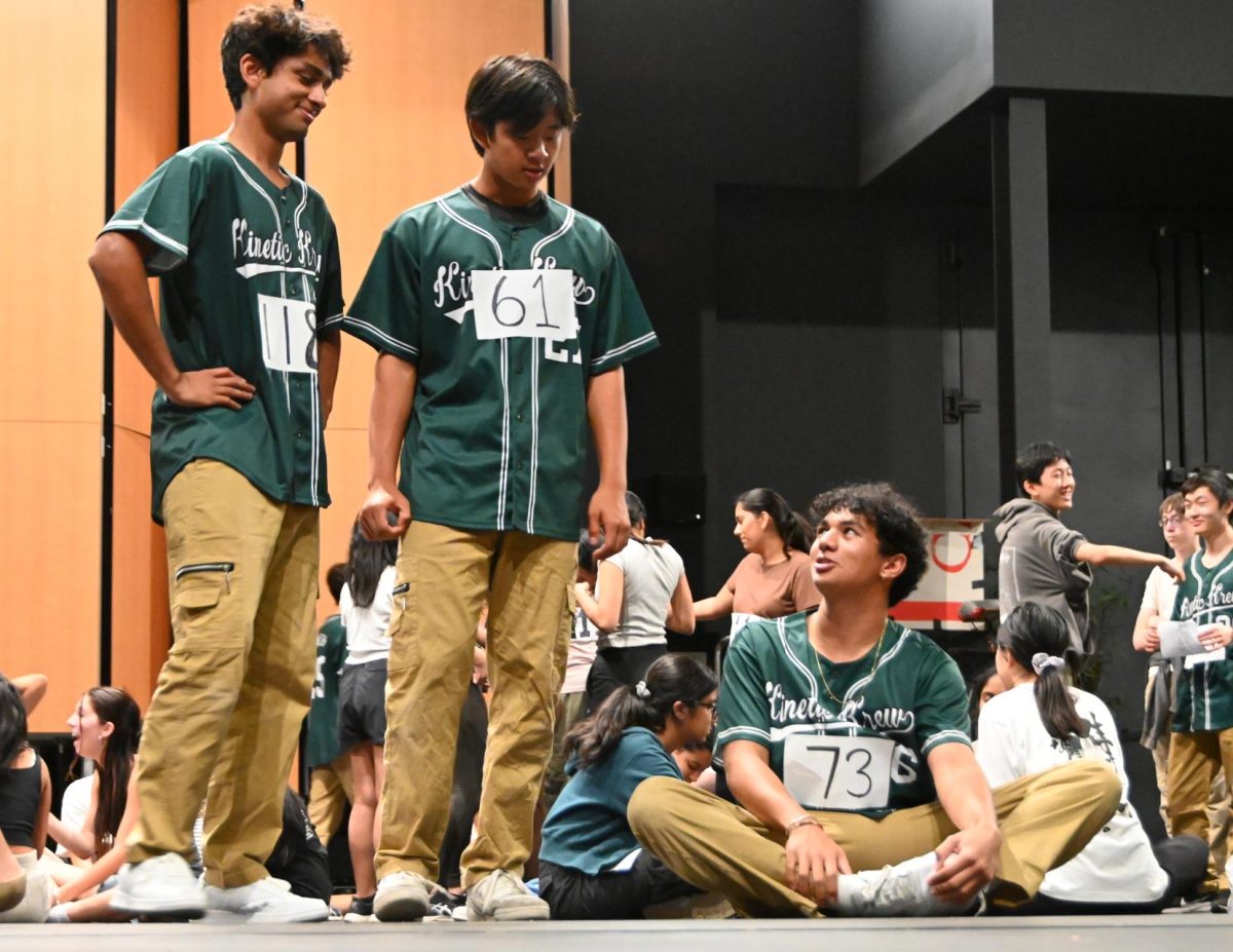 Kinetic Krew senior Vedant Yadav, junior Demitri Ajlouny and sophomore Ryan Miao chat and stretch. KK and Harker Dance Company members helped run and evaluate the audition. 