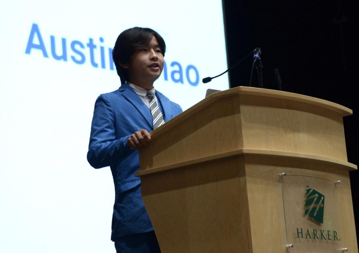 Frosh Austin Zhao speaks to the class of 2028 about his qualifications and plans for the upcoming year. Twelve student council candidates and five Student Activities Board candidates delivered speeches on Wednesday.