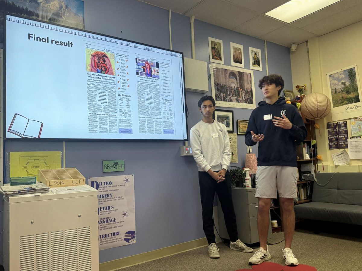 Palo Alto High School's The Campanile Editor-in-Chief Lucas Yuan lectures about the final stage of editing for his editorial about teacher wages. He worked throughout the cycle, conducting research and evaluating contrasting points of view for this topic.