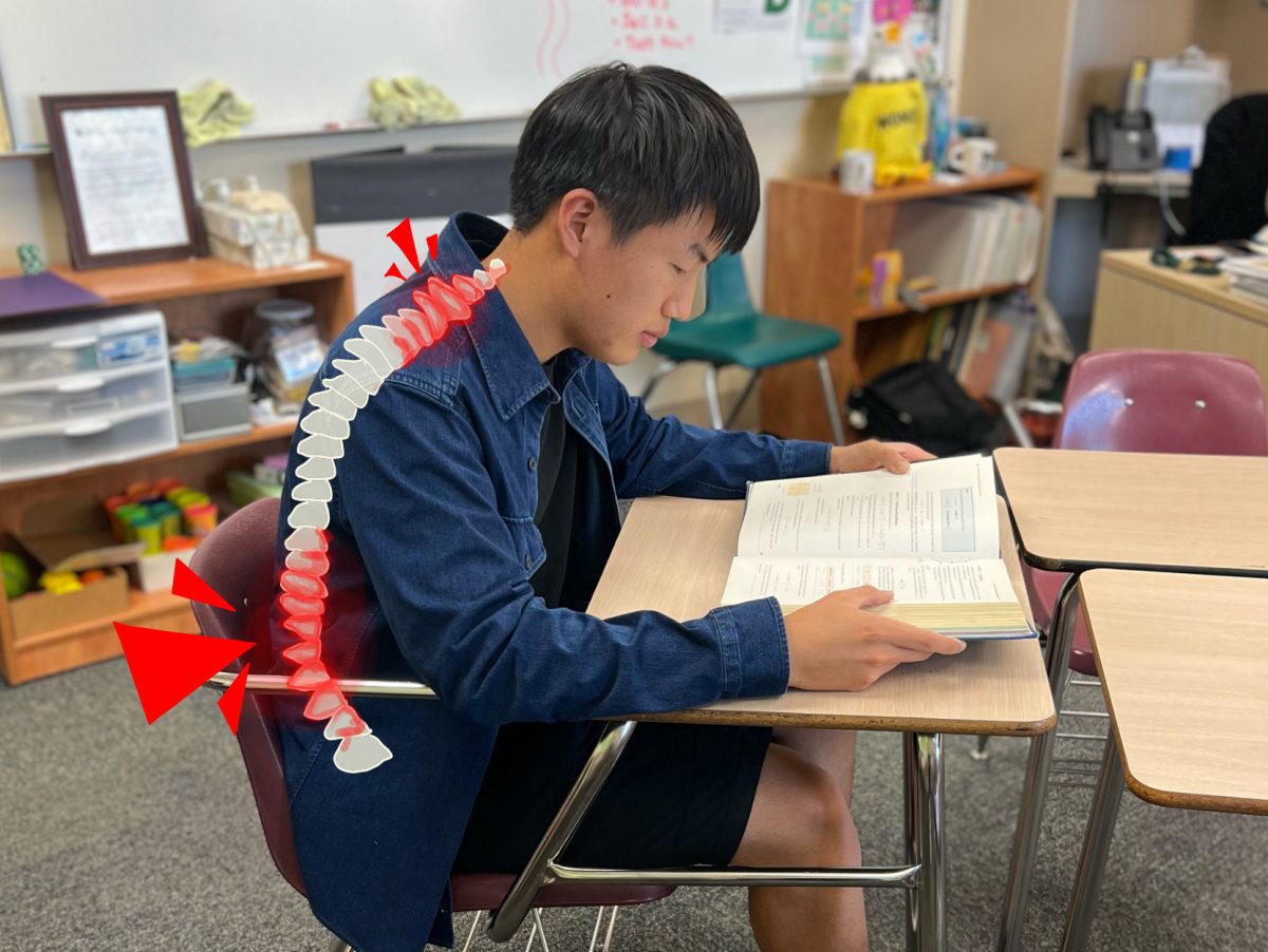 Junior Jaden Fu hunches as he reads a textbook. “The desks are really small and the chairs don’t give enough back support," Jaden said.