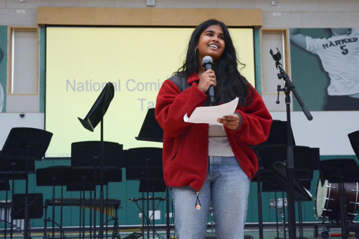 Sophomore Dhanya Ramanan speaks about her coming out story. She recounted how accepted she felt and encouraged the Harker community to treat people coming out in the same way.