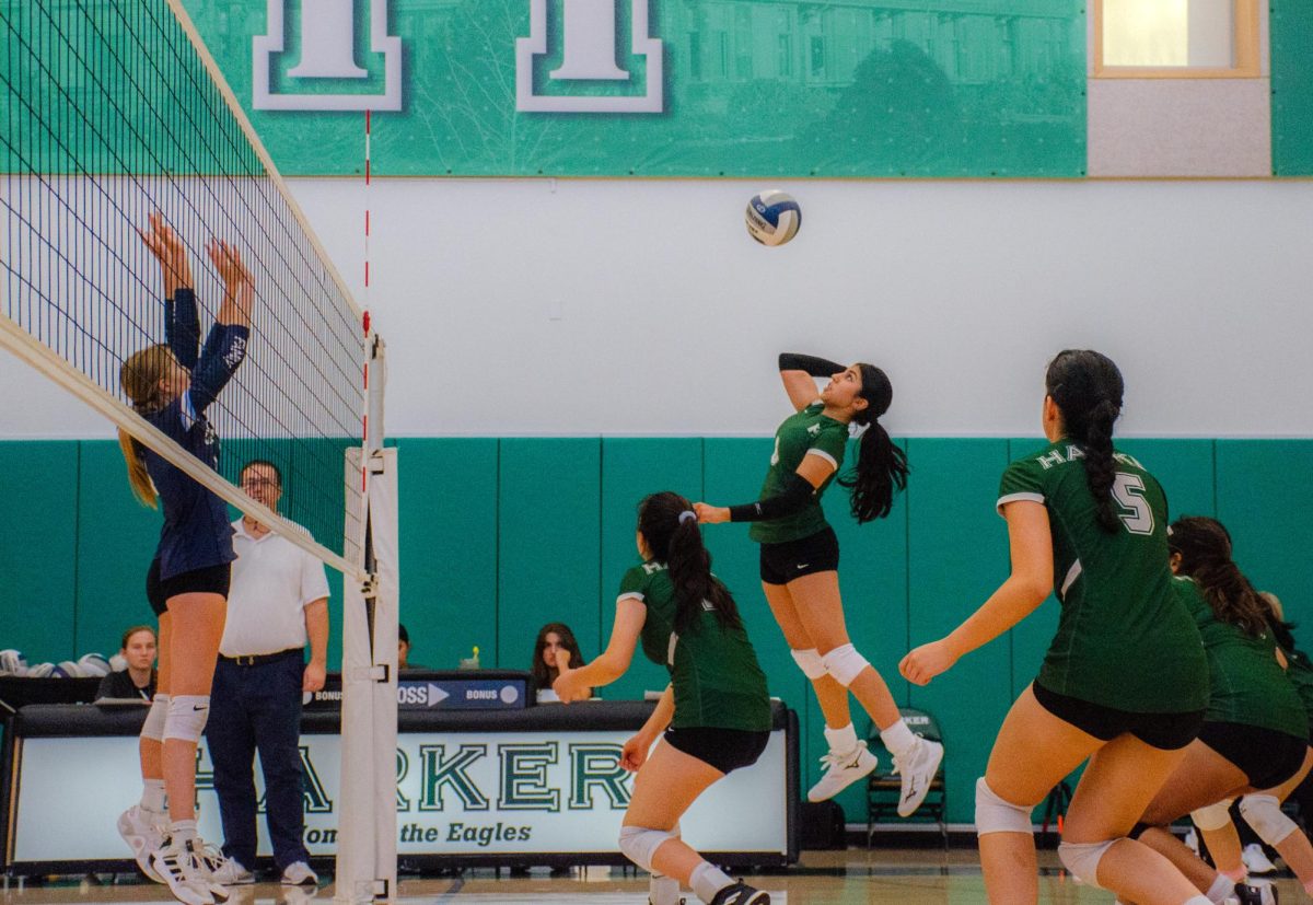 Opposite Aarya Vaidya (9) jumps for a hit during the second set. The Eagles dominated the entire match, scoring points off kills and aces from the starting whistle.