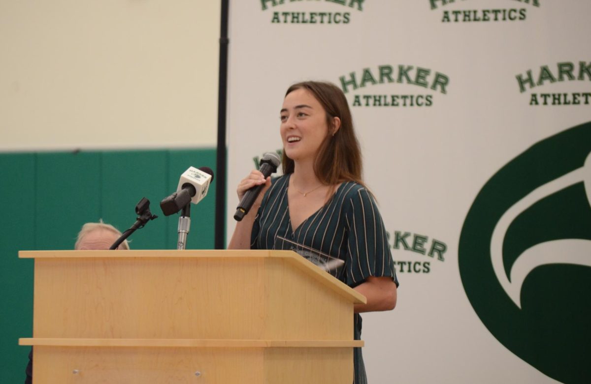 Kailee Gifford ('17) shares her appreciation for supporters of her athletic journey after her induction into the Athletic Hall of Fame on Oct. 12. Gifford also reflected on her time at Harker, including being the first football player to score in a playoff game.