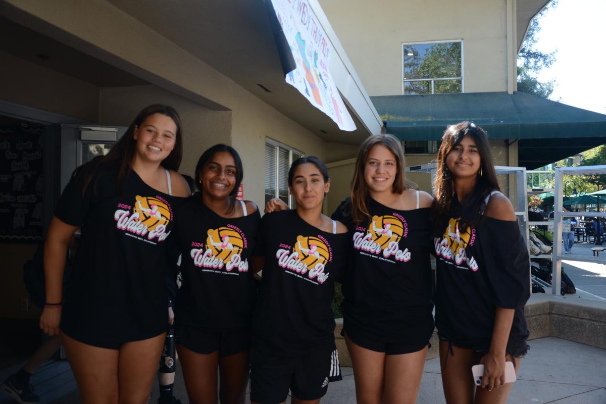 Varsity girls waterpolo players Zoe Cammer (10), Tvisha Ganesh (10), Keren Eisenberg (12), Summer Adler (12), and Anoushka Madan (10) show off their matching waterpolo gear. They were one of the biggest groups that wore coordinated outfits for Twin Day.