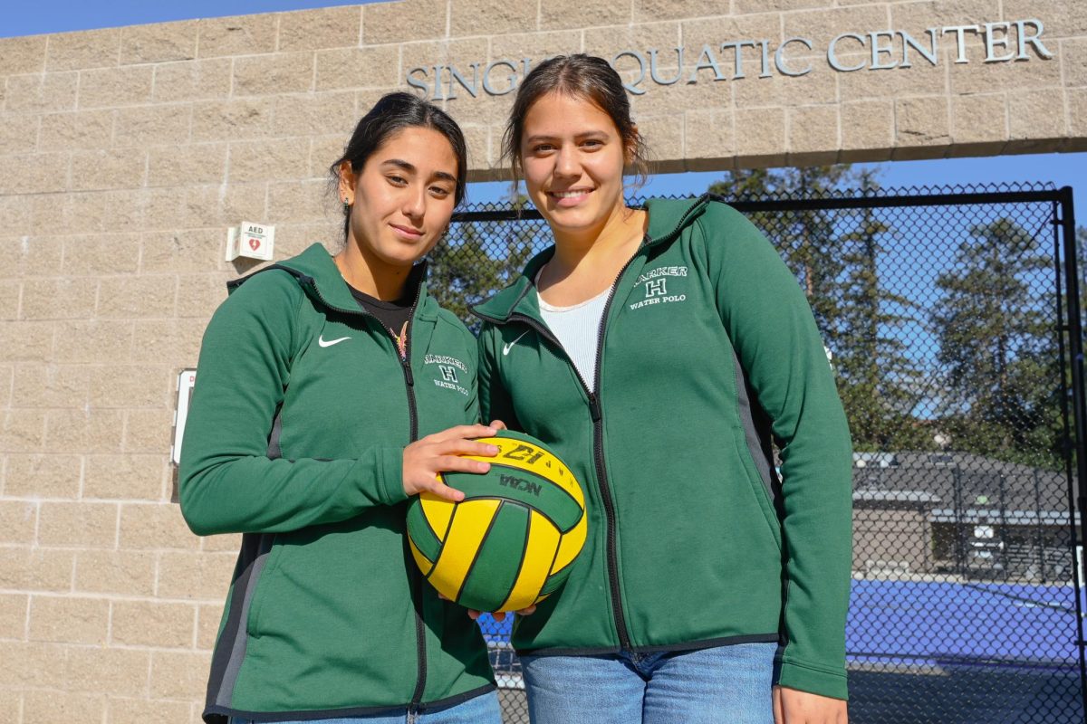 Seniors Keren Eisenberg and Summer Adler smile together at the Singh Aquatic Center. Keren and Summer have played on the same club and school water polo teams for the past 11 years. 