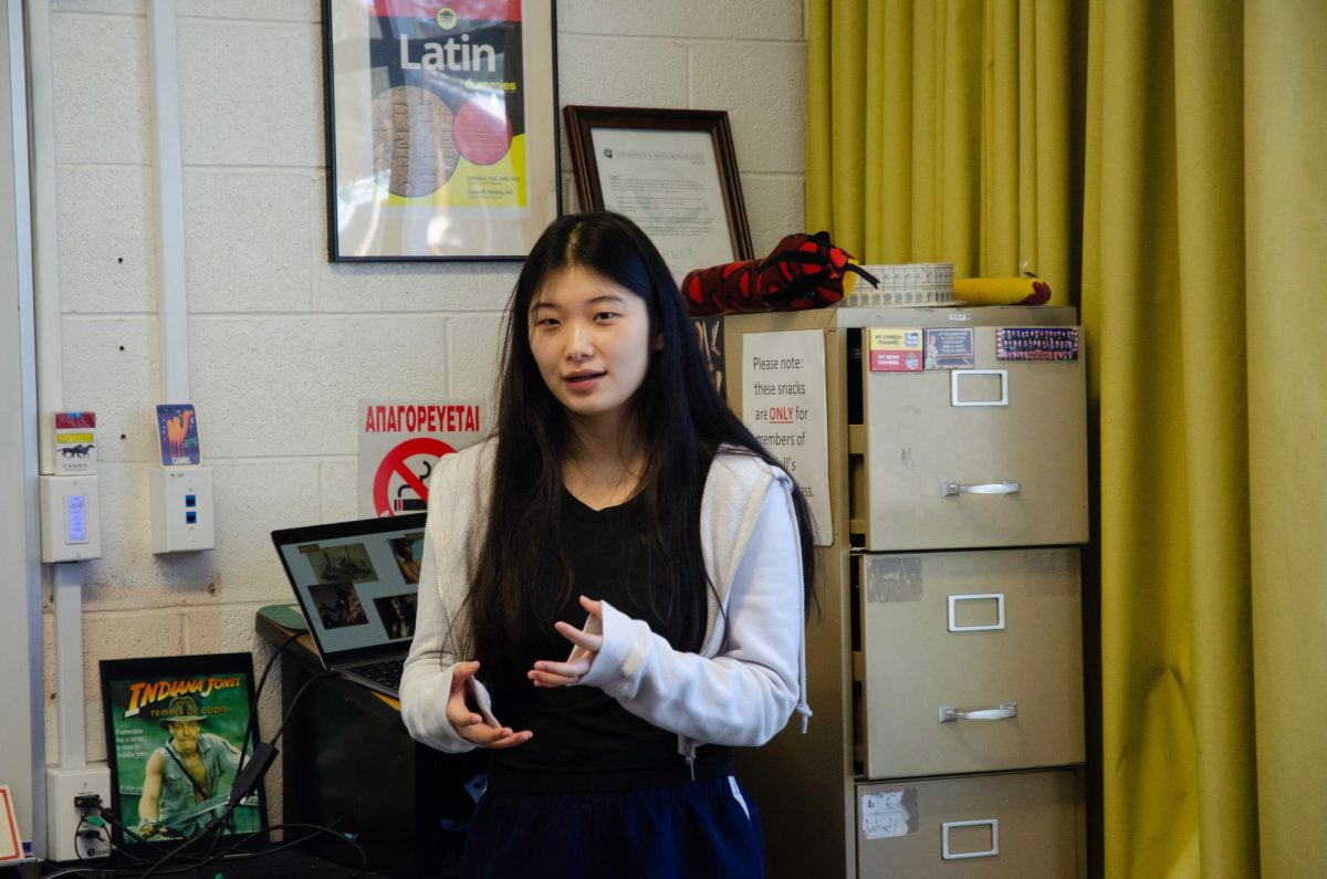 JCL Co-President Ainslie Chen (12) explains the mythological inaccuracies in the movie "Clash of the Titans." Ainslie highlighted how movies often distort classical myths to appeal to modern audiences.