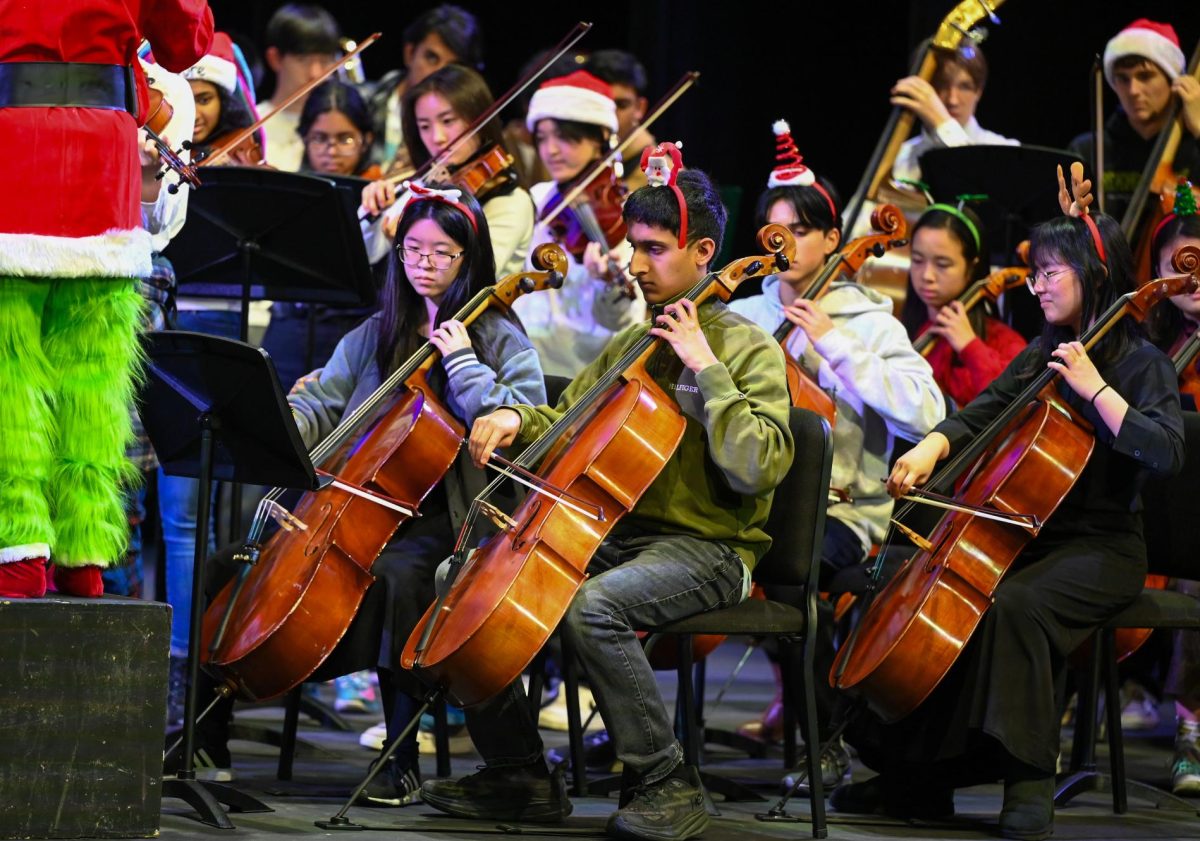 Senior Varun Thvar plays the cello in the orchestra's opening performance of "Sleigh Ride." The song featured instrumental teacher Jaco Wong dressed as the Grinch and a ringing slapstick.