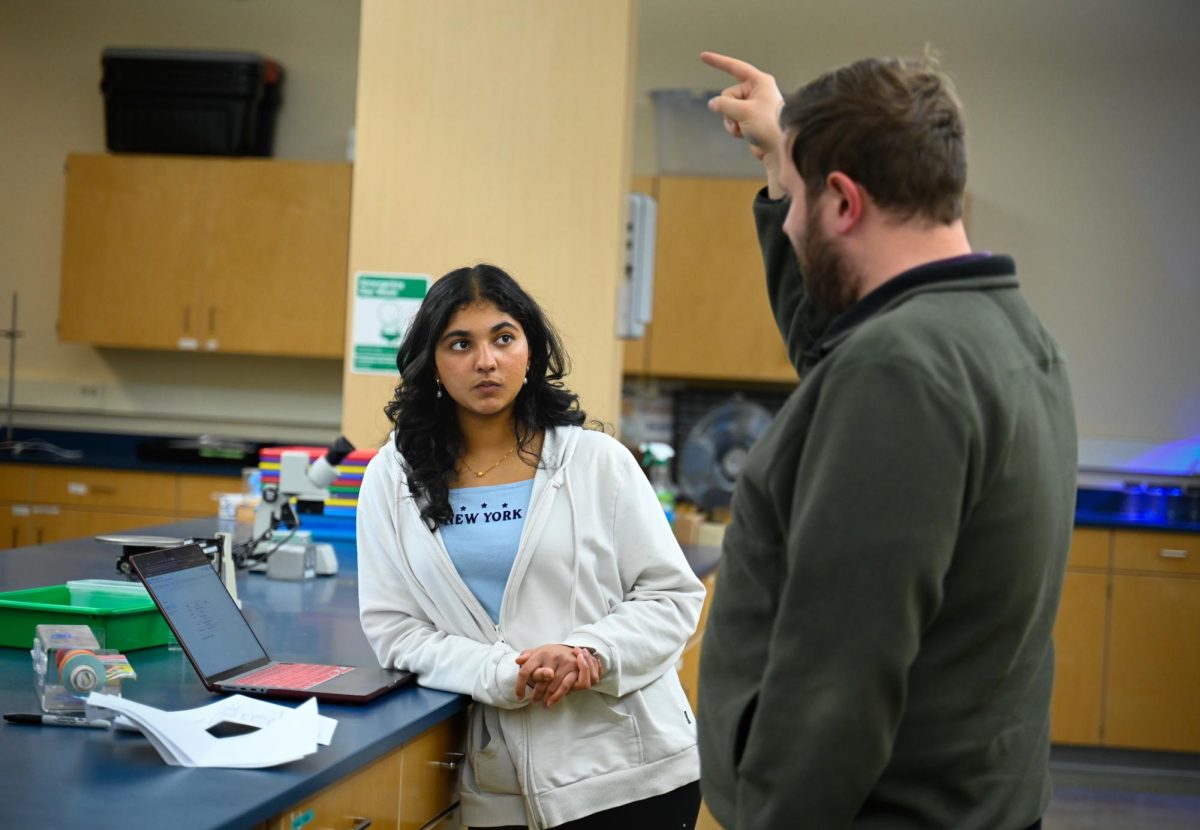 Sophomore Tanisha Vaish converses with open lab facilitator Zane Moore. Dr. Moore offers suggestions and helps students in the open lab with their  research projects.