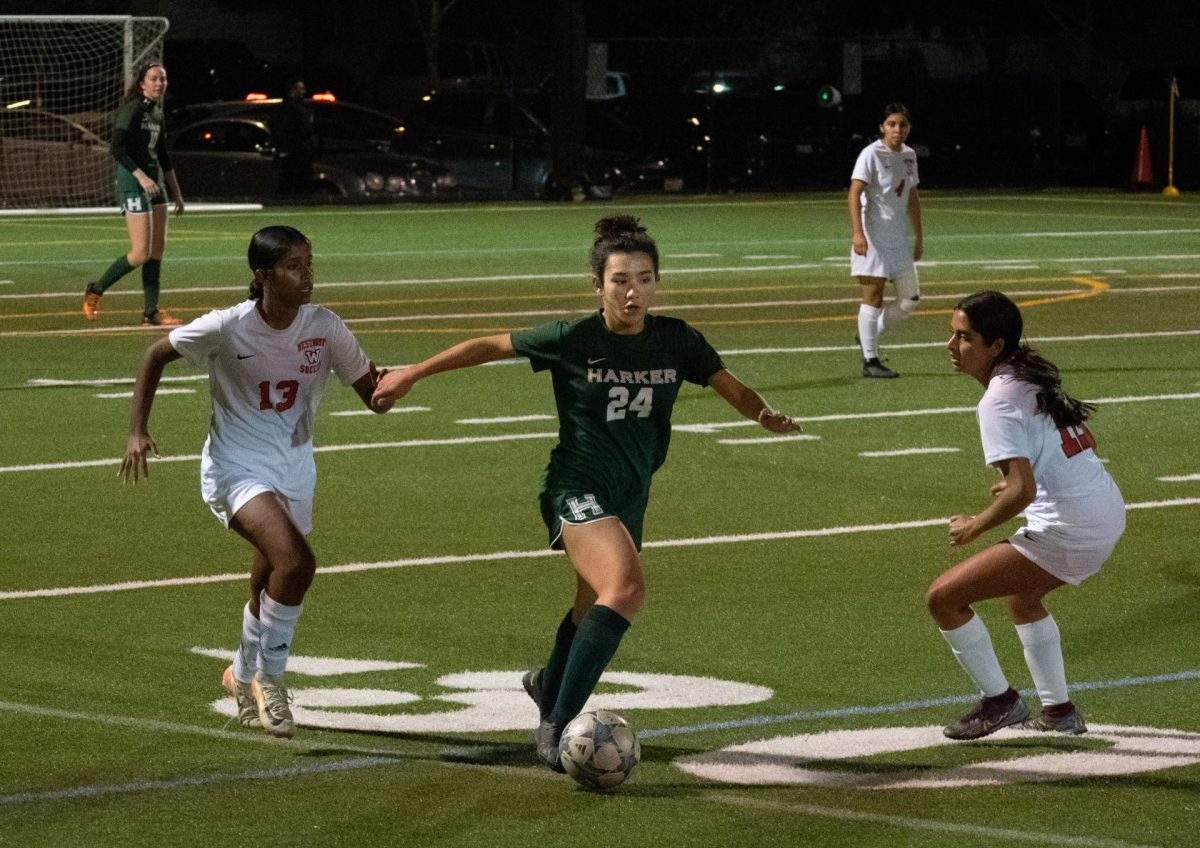 MacEnzie Blue (11) dribbles the ball past two Westmont High School players. The Eagles currently hold a 4-2 season record.